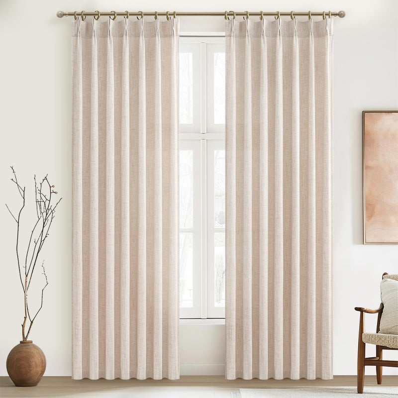 PleatedDrapes ستائر مطوية من الخيش شبه الشفاف بطول 84 بوصة، بلد محايد باللون البيج والكتان والكتان وستائر تصفية للسقف من أجل انزلاق الباب الزجاجي/المكتب 2 لوح خطافات ستائر الخصوصية - Image 1